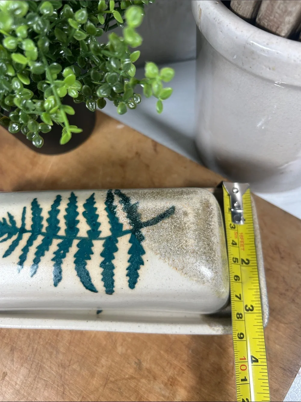 Stoneware Butter Dish Studio Pottery Handmade w/ Green Fern Motif Artist Signed